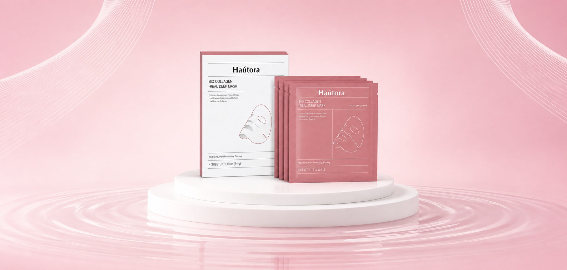 Hautora Bio Collagen Real Deep Mask auf einem eleganten Präsentationspodest